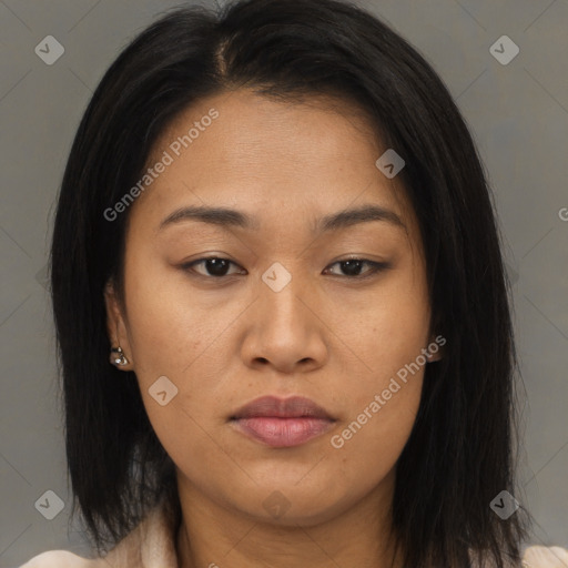 Neutral asian young-adult female with medium  brown hair and brown eyes