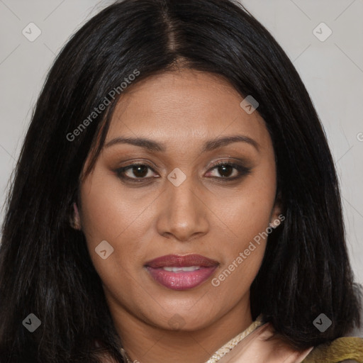 Joyful asian young-adult female with long  brown hair and brown eyes