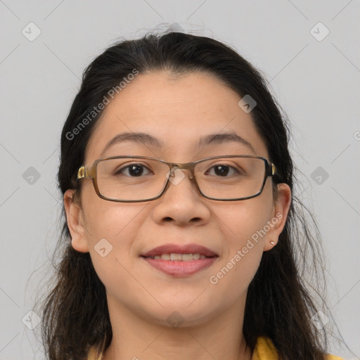 Joyful asian young-adult female with long  brown hair and brown eyes