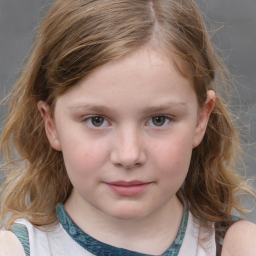 Joyful white child female with medium  brown hair and grey eyes