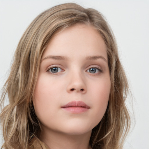 Neutral white child female with long  brown hair and blue eyes