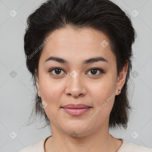 Joyful white young-adult female with medium  brown hair and brown eyes