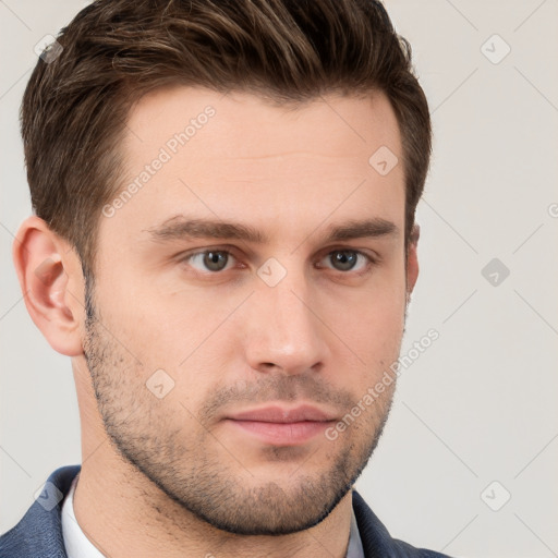 Neutral white young-adult male with short  brown hair and grey eyes