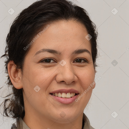 Joyful white adult female with medium  brown hair and brown eyes