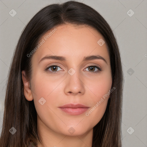 Neutral white young-adult female with long  brown hair and brown eyes