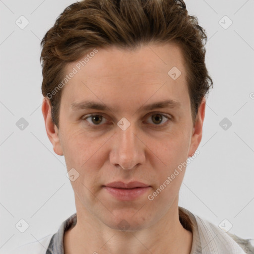 Joyful white adult male with short  brown hair and grey eyes