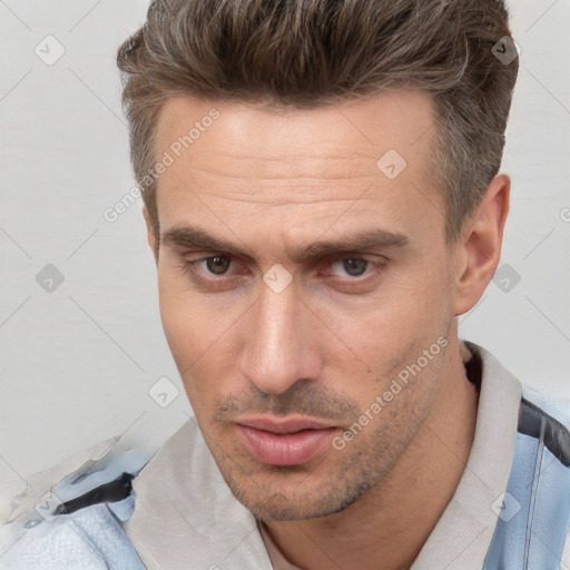 Neutral white adult male with short  brown hair and brown eyes