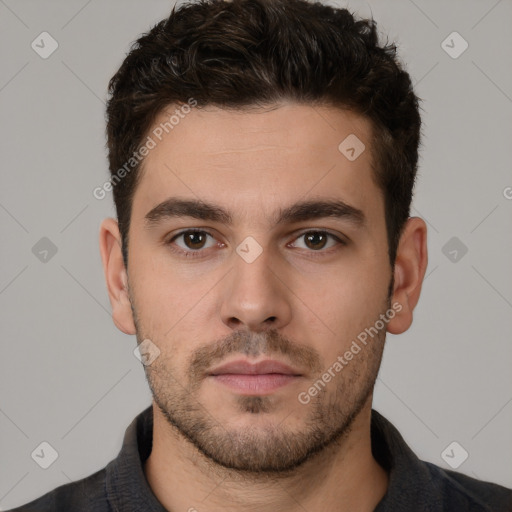 Neutral white young-adult male with short  brown hair and brown eyes