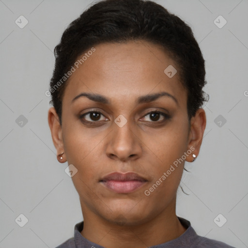 Neutral latino young-adult female with short  black hair and brown eyes