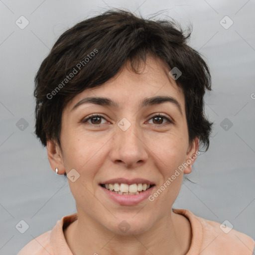 Joyful white adult female with short  brown hair and brown eyes