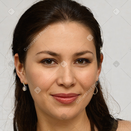 Joyful white young-adult female with long  brown hair and brown eyes