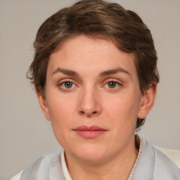 Neutral white young-adult female with short  brown hair and brown eyes