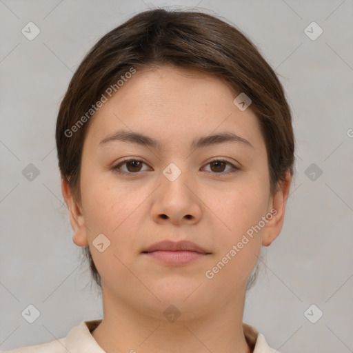 Neutral white young-adult female with short  brown hair and brown eyes