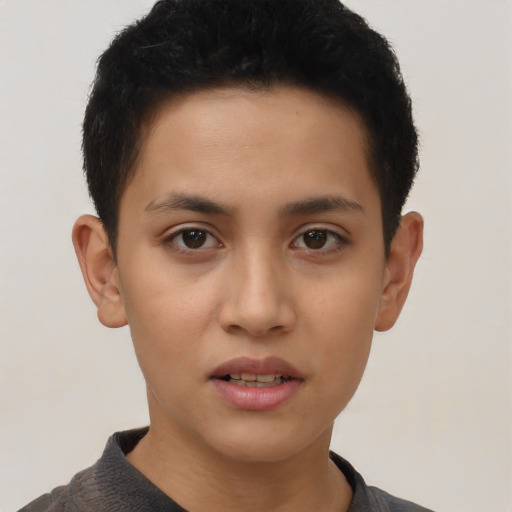 Neutral latino young-adult female with short  black hair and brown eyes