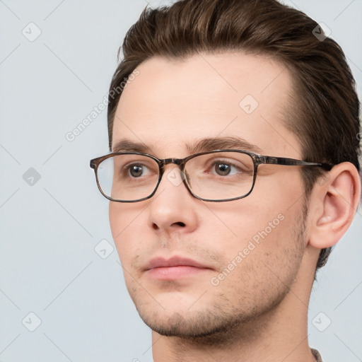 Neutral white young-adult male with short  brown hair and grey eyes