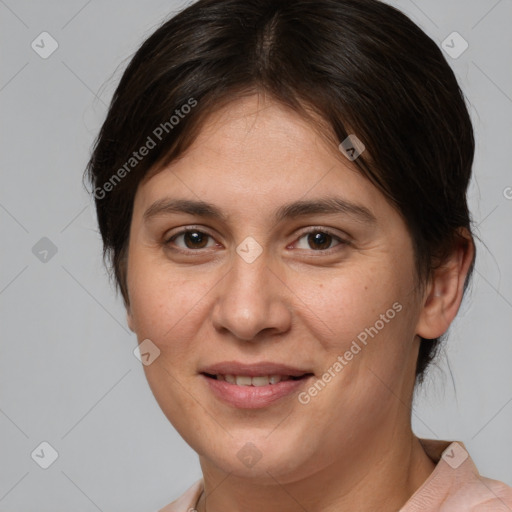 Joyful white young-adult female with medium  brown hair and brown eyes