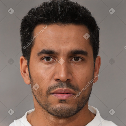 Neutral latino young-adult male with short  black hair and brown eyes