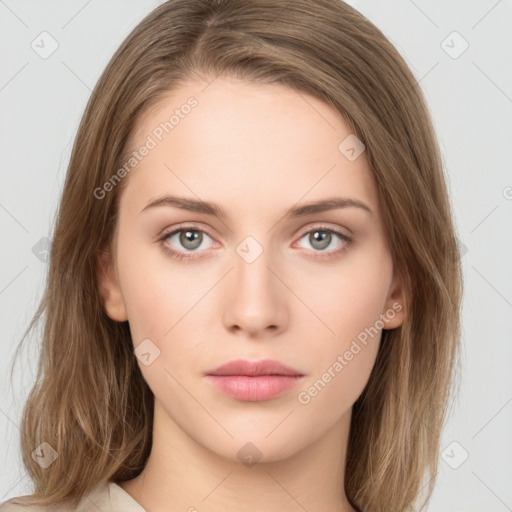 Neutral white young-adult female with medium  brown hair and green eyes