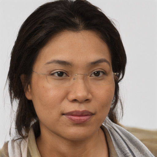 Joyful asian adult female with medium  brown hair and brown eyes