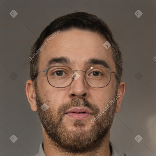 Neutral white adult male with short  brown hair and brown eyes