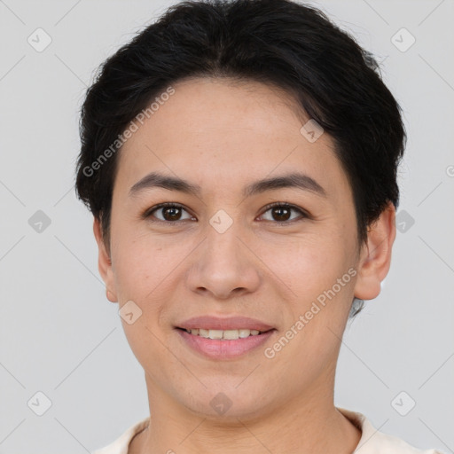 Joyful white young-adult female with short  brown hair and brown eyes