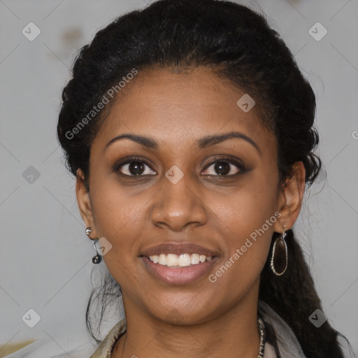 Joyful black young-adult female with medium  black hair and brown eyes