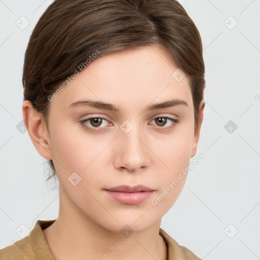 Neutral white young-adult female with short  brown hair and brown eyes