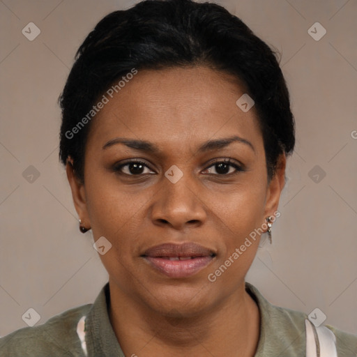 Joyful black young-adult female with short  black hair and brown eyes