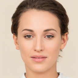 Neutral white young-adult female with short  brown hair and brown eyes