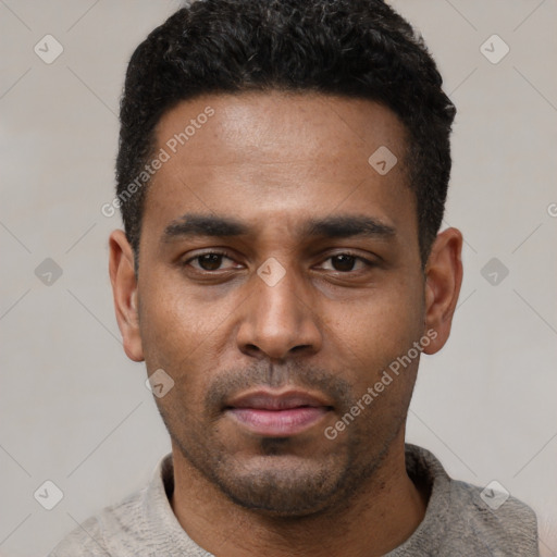 Neutral latino young-adult male with short  black hair and brown eyes