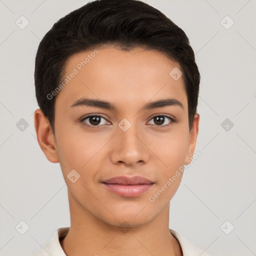 Joyful white young-adult female with short  brown hair and brown eyes