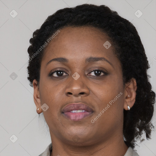 Neutral black adult female with short  brown hair and brown eyes