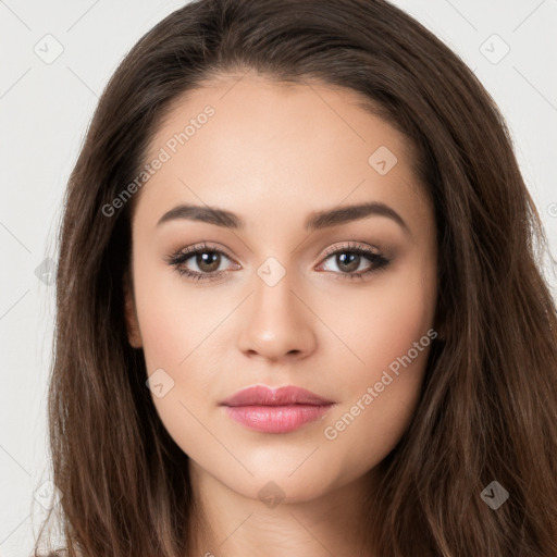 Neutral white young-adult female with long  brown hair and brown eyes