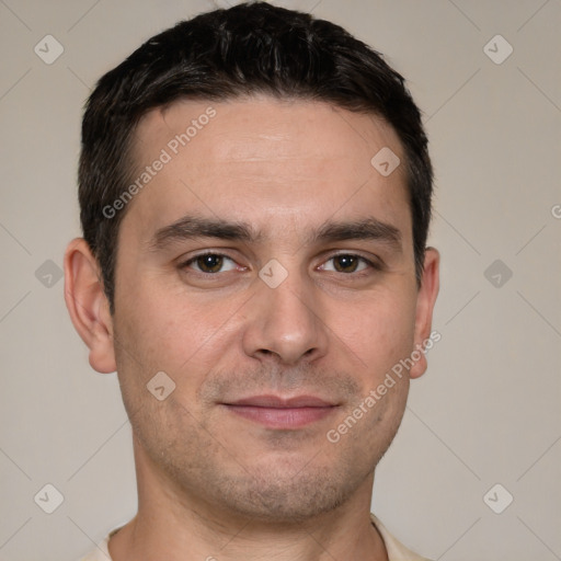 Joyful white young-adult male with short  brown hair and brown eyes