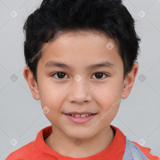 Joyful white child male with short  brown hair and brown eyes