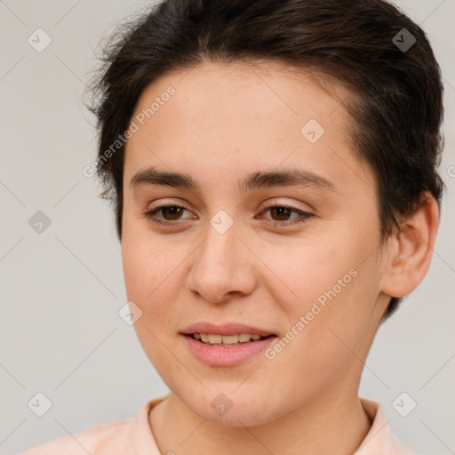 Joyful white young-adult female with short  brown hair and brown eyes