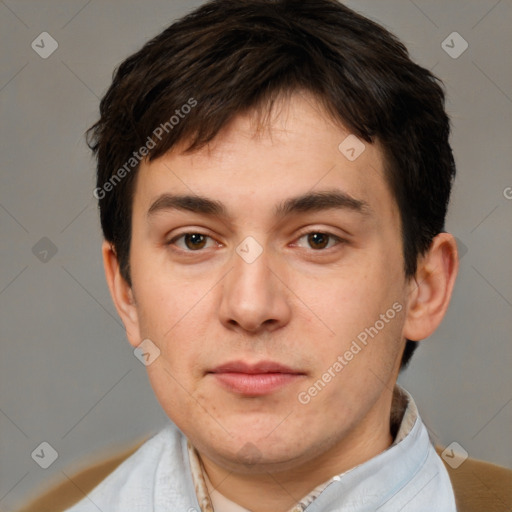 Neutral white young-adult male with short  brown hair and brown eyes