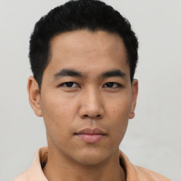 Neutral asian young-adult male with short  black hair and brown eyes