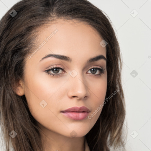 Neutral white young-adult female with long  brown hair and brown eyes