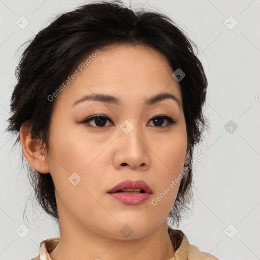 Neutral asian young-adult female with medium  brown hair and brown eyes