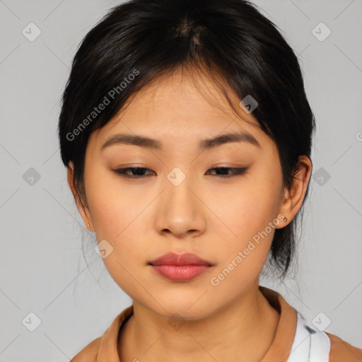 Neutral asian young-adult female with medium  black hair and brown eyes