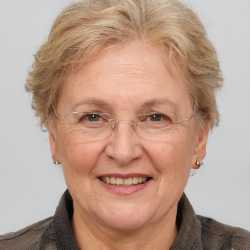 Joyful white middle-aged female with short  brown hair and brown eyes