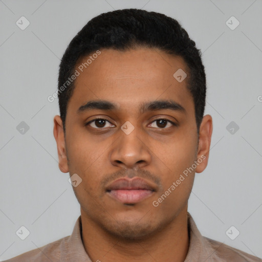 Neutral latino young-adult male with short  black hair and brown eyes