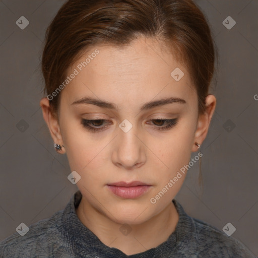 Neutral white young-adult female with medium  brown hair and brown eyes