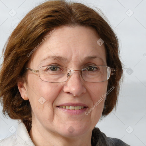 Joyful white middle-aged female with medium  brown hair and blue eyes