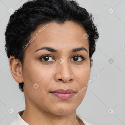 Joyful latino young-adult female with short  brown hair and brown eyes