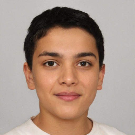 Joyful latino young-adult male with short  brown hair and brown eyes