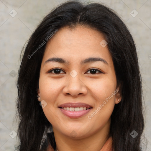 Joyful asian young-adult female with long  brown hair and brown eyes