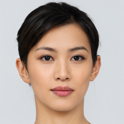 Neutral asian young-adult female with medium  black hair and brown eyes