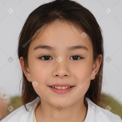 Joyful white child female with medium  brown hair and brown eyes